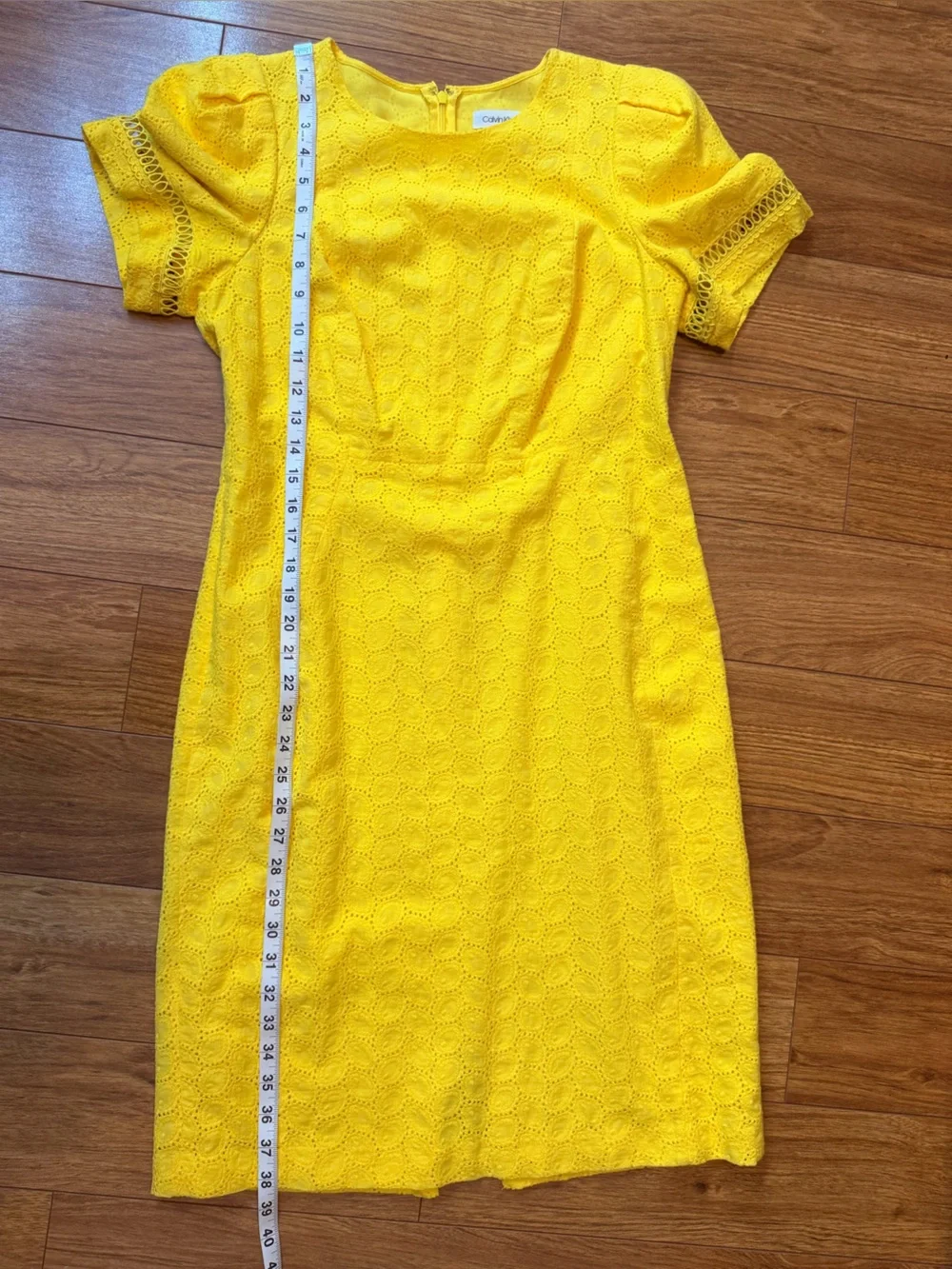 Calvin Klein Yellow Eyelet Puff Sleeve Midi Dress